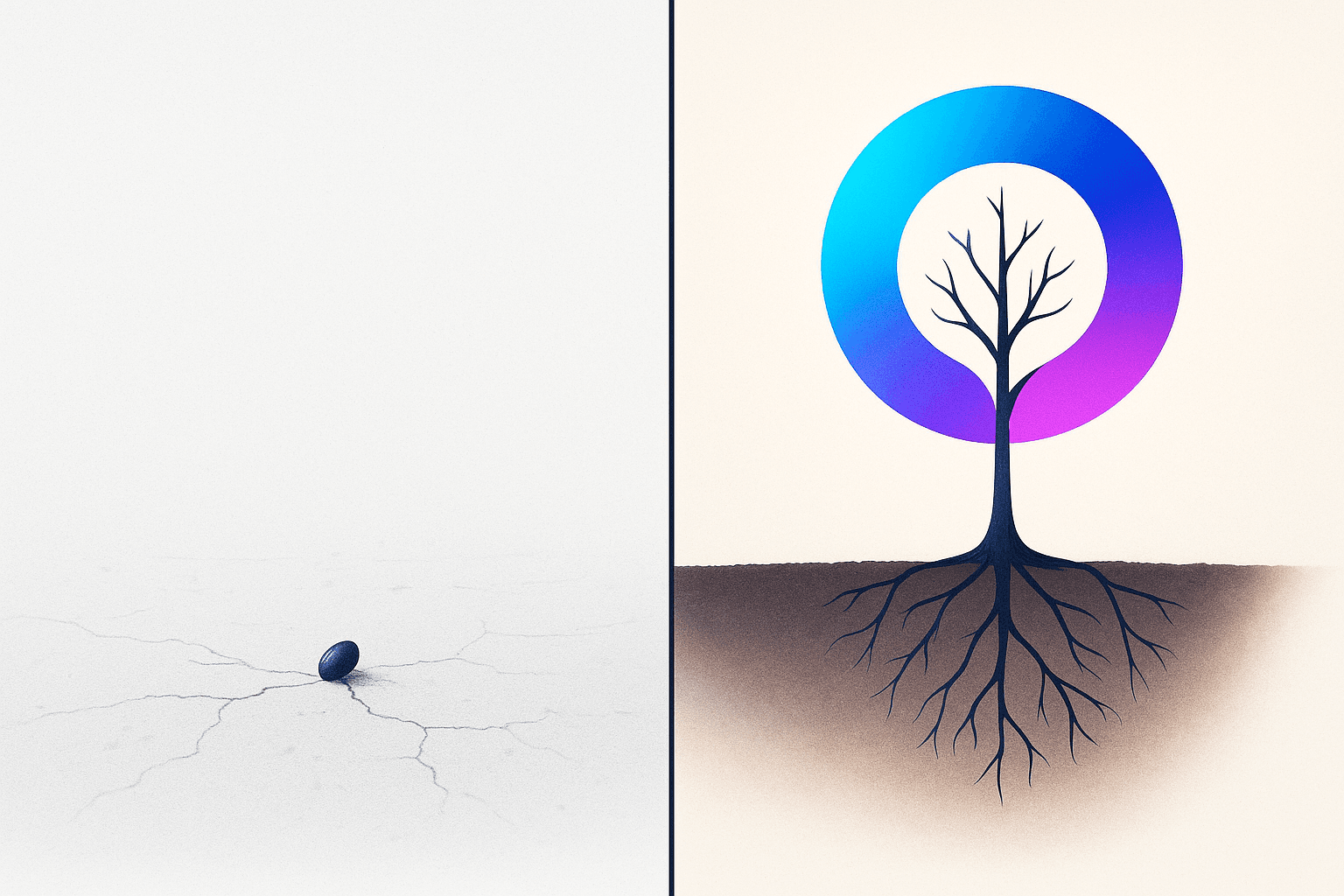 Cold start versus warm, established brand — a bare seed beside a rooted tree whose canopy is the agent-thinking ring.